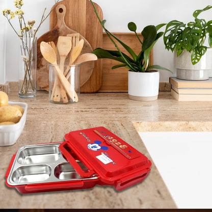 Cartoon Printed 4 Compartment Insulated Lunch Box Stainless Steel |Tiffin Box for Boys, Girls, School & Office Men for Microwave  Freezer Safe Adult Children Food Container (1 Pc) Your Brand