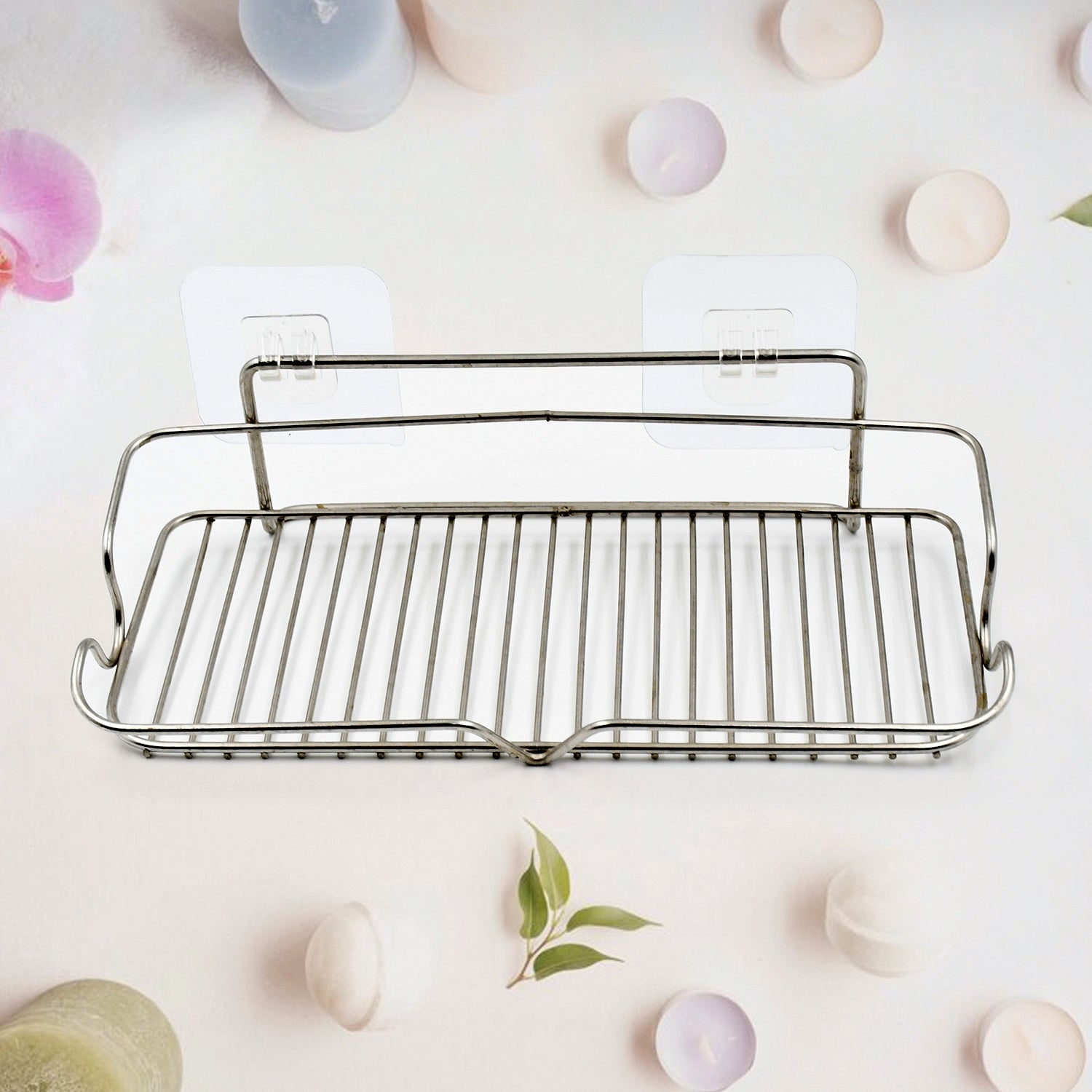 Stainless Steel Kitchen Bathroom Shower Shelf Storage Suction Basket Rack With 2 Hook (1 Pc) Your Brand