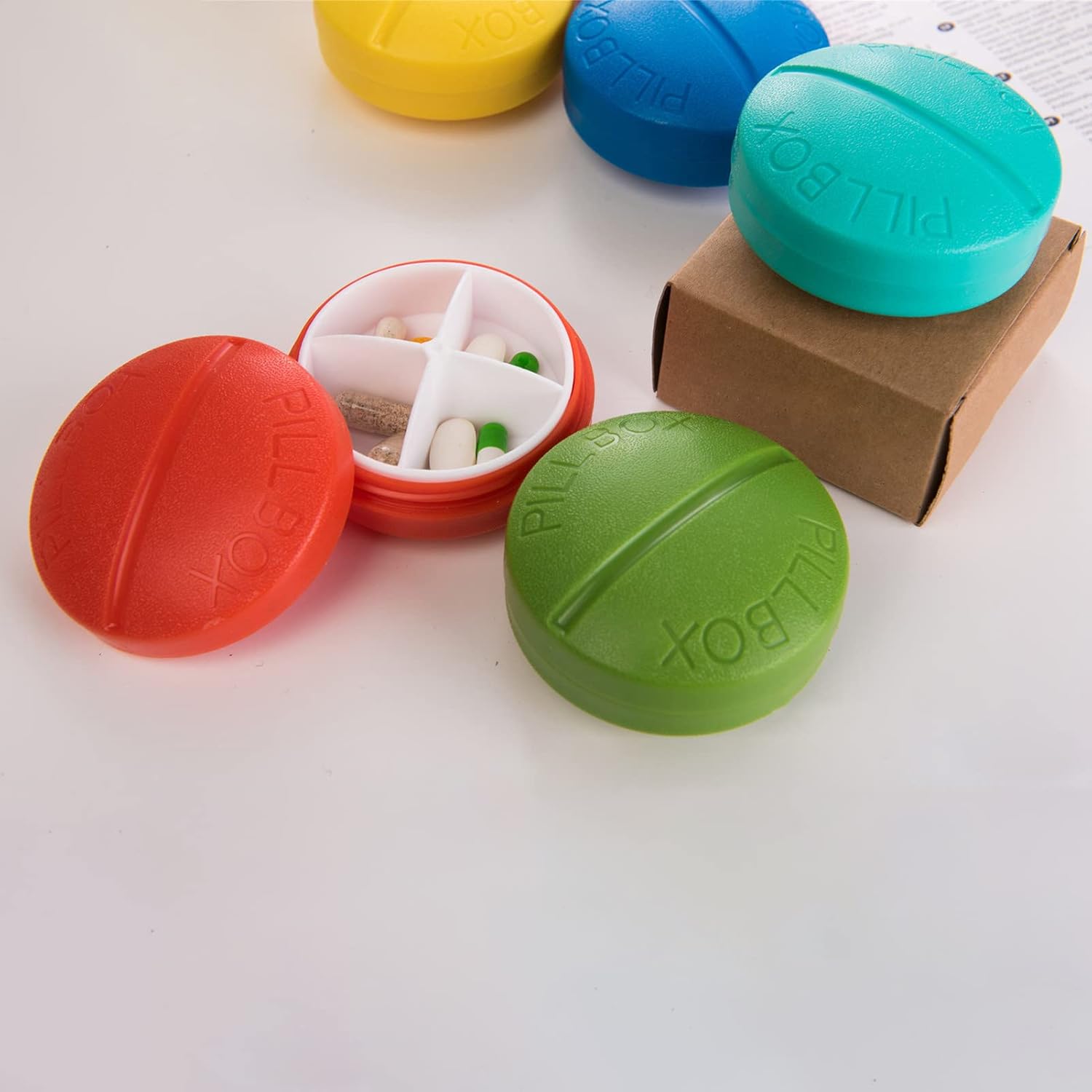 Portable Round Shape 4 Compartments Pill Box (1 Pc) Your Brand