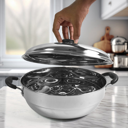 Stainless Steel Multi Kadai with 4 Plates in 1, 2 idli plates, 1 dhokla Plate, 1 Patra Plate, 1 kadai with 1 Lid (6 Pcs Set) Your Brand