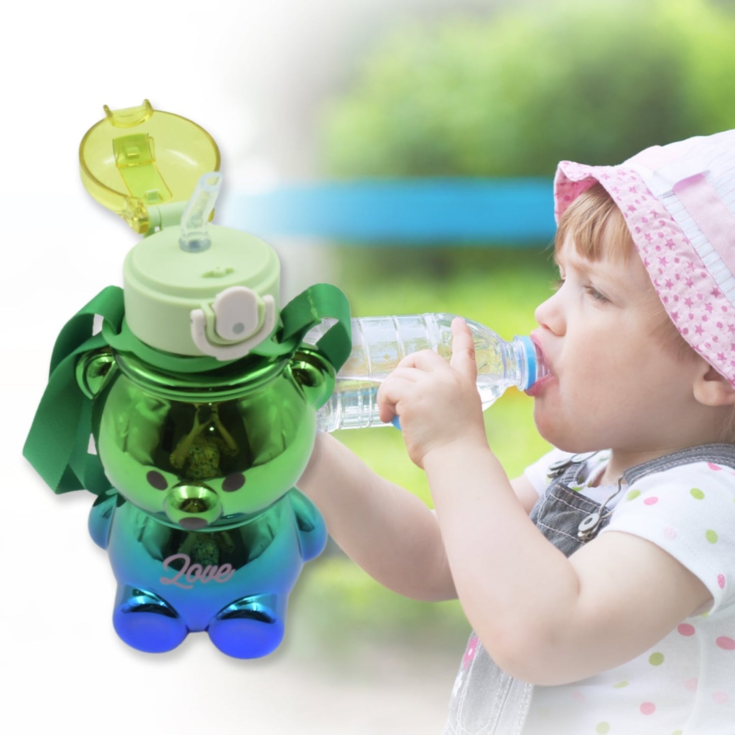 Cute Plastic Water Bottle, with adjustable shoulder strap and stickers, portable drinking cup Water Bottle For Kids | Water Bottle | Return Gift For Kids | Water Bottle With Straw | School Water Bottle (1 Pc) Your Brand