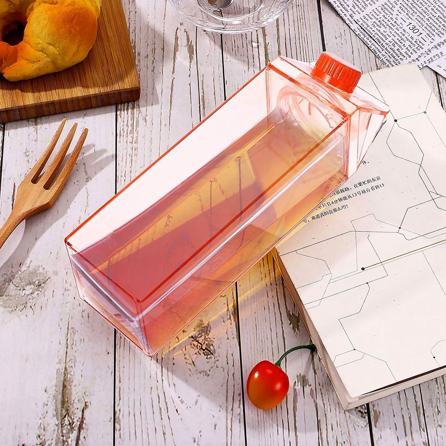 Plastic Milk Carton Colorful Clear Water Bottle, 17 Oz Portable Milk Box Leakproof Square Juice Bottle for Outdoor Sports Travel Camping Your Brand