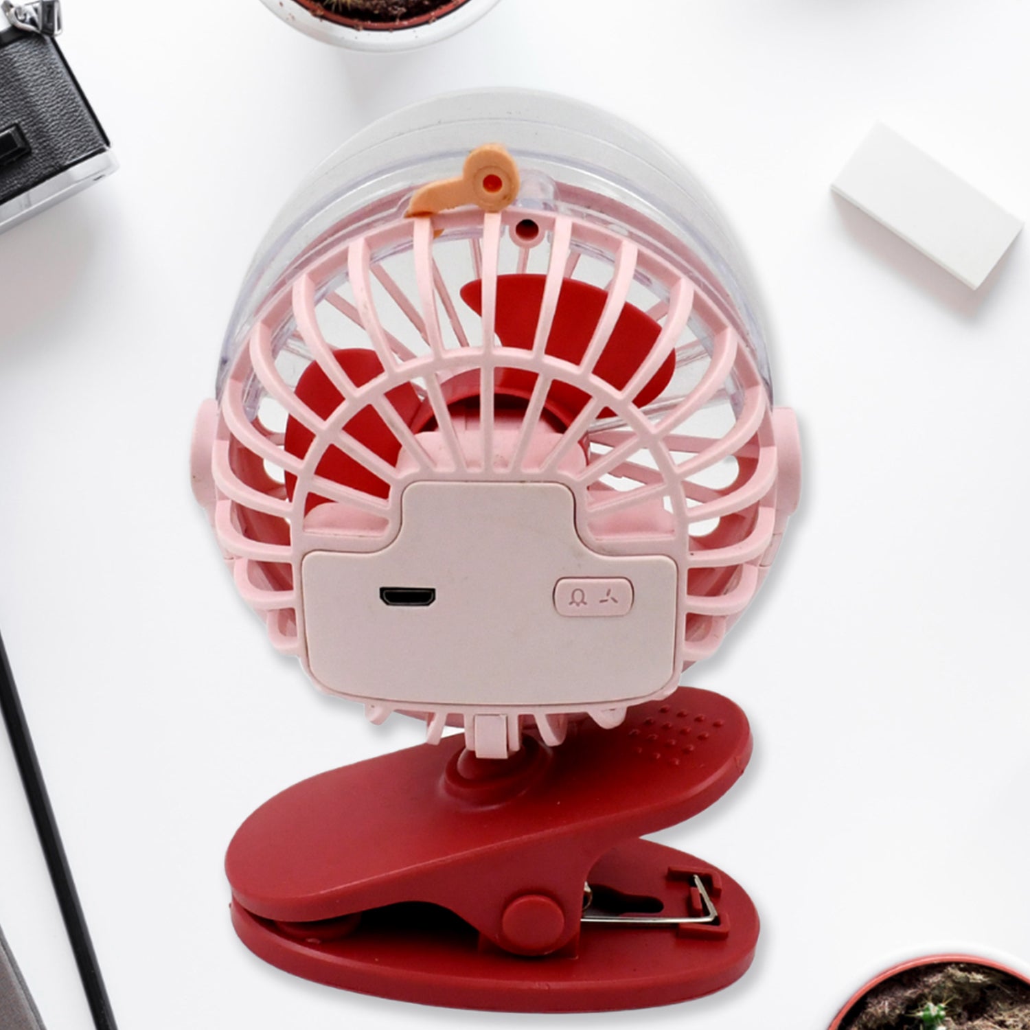 Portable Clip-on Fan, Battery Operated, With Light & Spray, Small Yet Powerful USB Table Fan, 3-Speed Quiet Rechargeable Mini Desk Fan, 360° Rotation, Personal Cooling Fan for Home, Office, Camping Your Brand