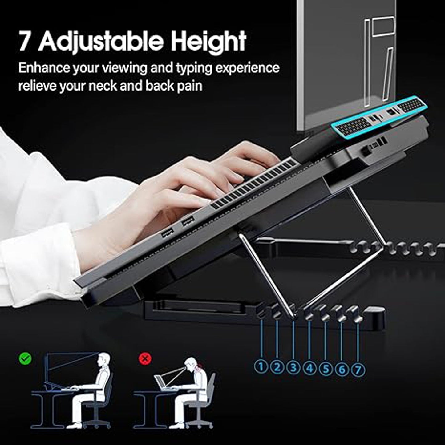 Laptop Cooler Cooling Pad with 2 Quiet Led Fans, Dual USB Ports, Portable Ultra Slim USB Powered 7 Heights Adjustable Laptop Stand for Gaming Laptop Your Brand