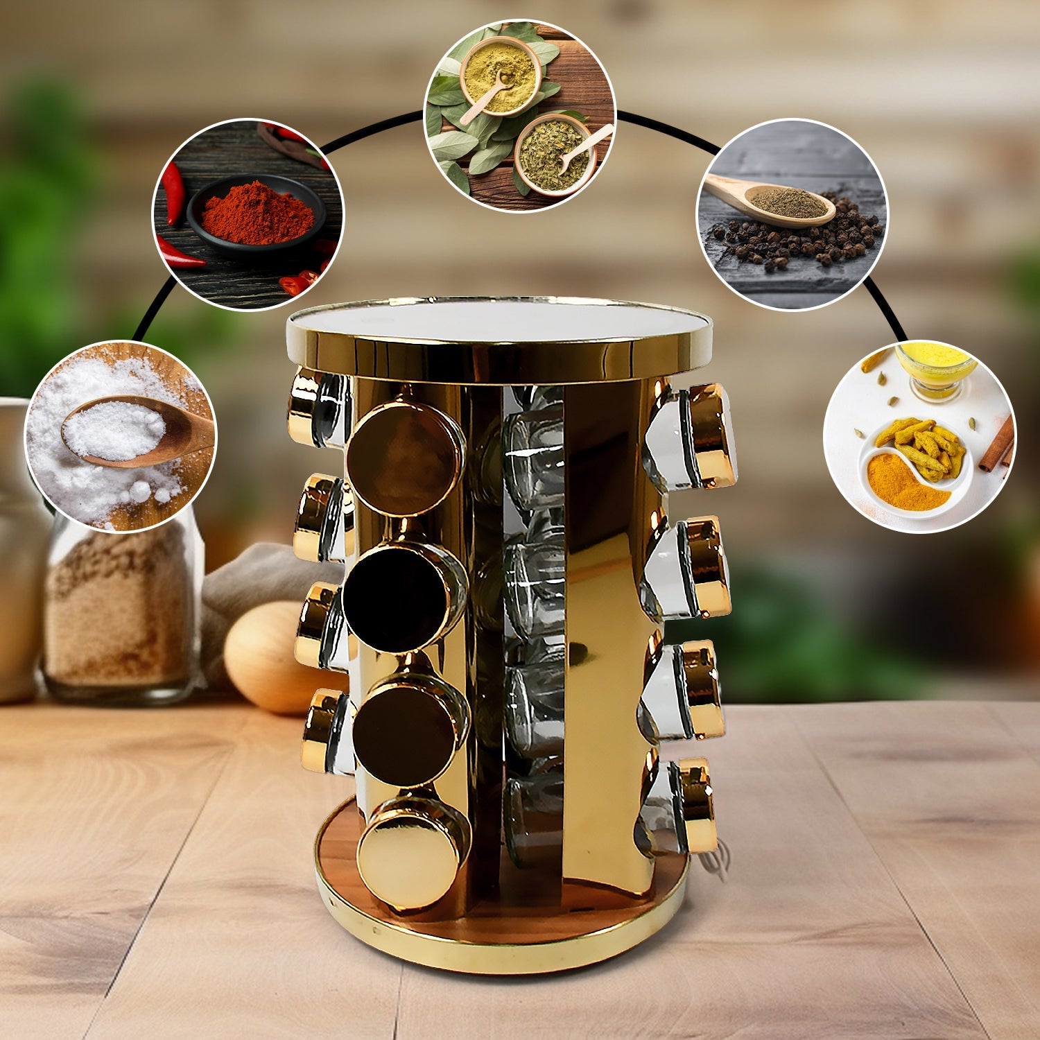 LED Spice Rack Organizer, Rotating Spice Rack with Free 16 Seasoning Jars, Revolving Tower Organizer Stainless Steel for Kitchen Storage (Golden / 16 Pc / MOQ - 6 pc) Your Brand