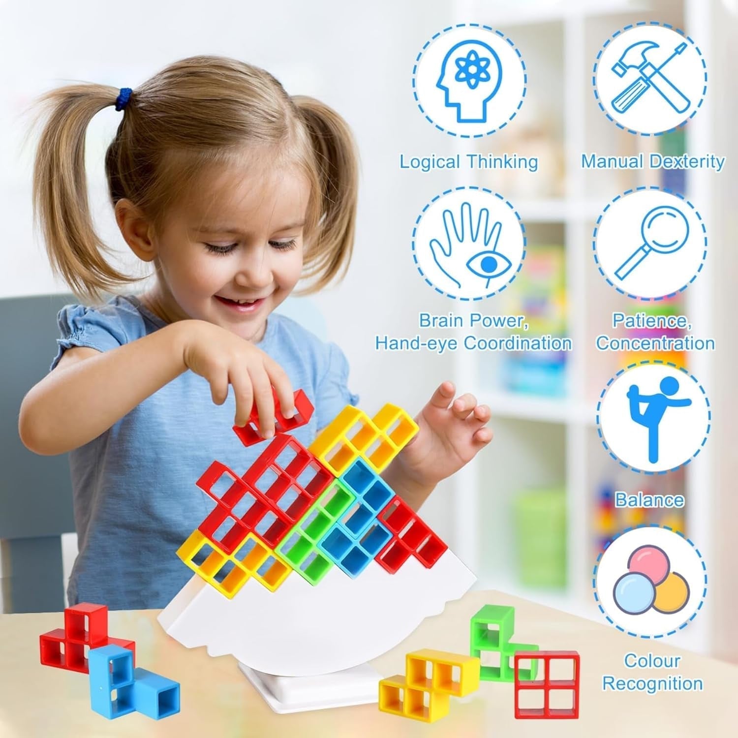 3D Tower Game, Tower Balance Game, Tower Stacking Game Adult Kid Tower Stacking Blocks Balance Game Blocks Building Toys for Kids Age 3+ Years (16 Pcs Set) Your Brand