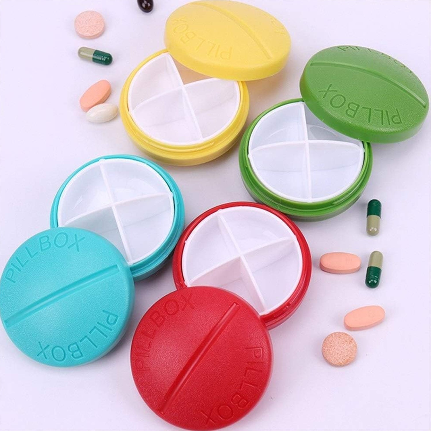 Portable Round Shape 4 Compartments Pill Box (1 Pc / With Brown Box) Your Brand