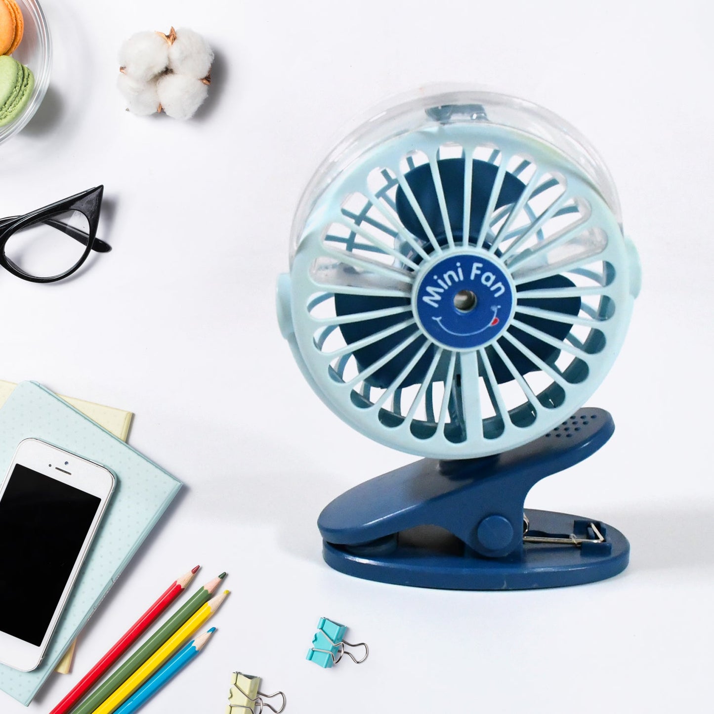Portable Clip-on Fan, Battery Operated, With Light & Spray, Small Yet Powerful USB Table Fan, 3-Speed Quiet Rechargeable Mini Desk Fan, 360° Rotation, Personal Cooling Fan for Home, Office, Camping Your Brand