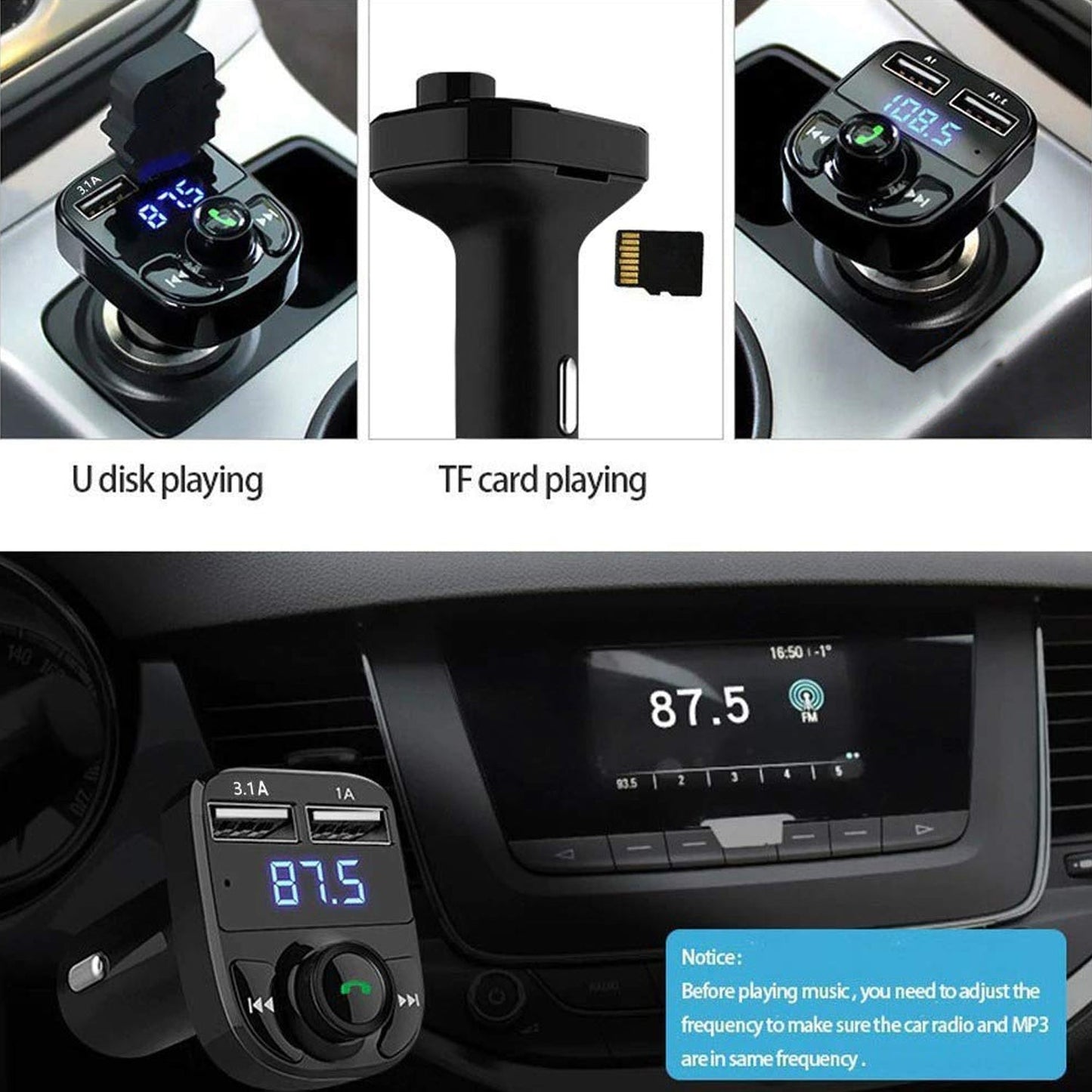 CAR-X8 Bluetooth FM Transmitter Kit for Hands-Free Call Receiver / Music Player / Call Receiver / Fast Mobile Charger Ports for All Smartphones with 3.1A Quick Charge Dual USB Car Charger Your Brand