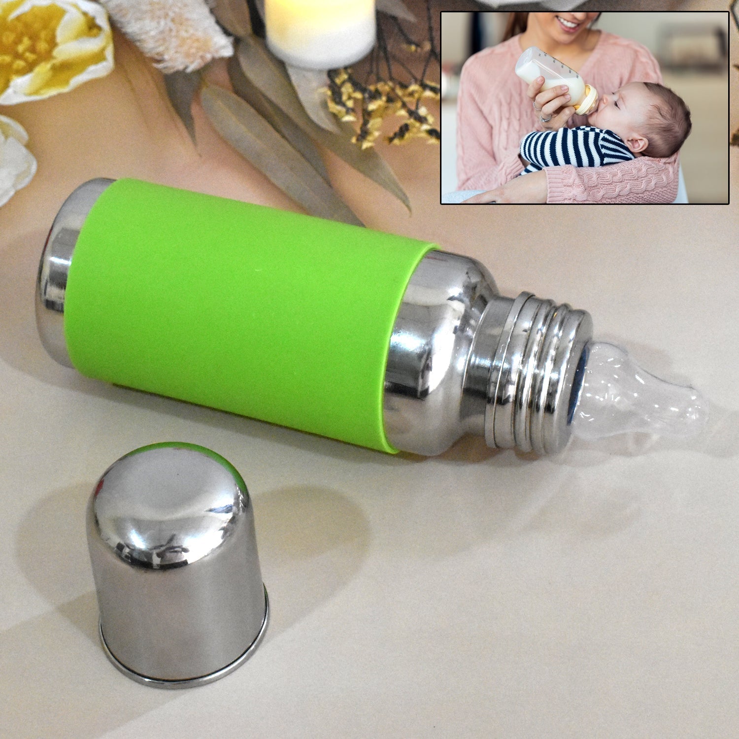 Stainless Steel Baby Feeding Bottle, Milk Feeding Bottle With Silicove Grip Cover (250 ML) Your Brand