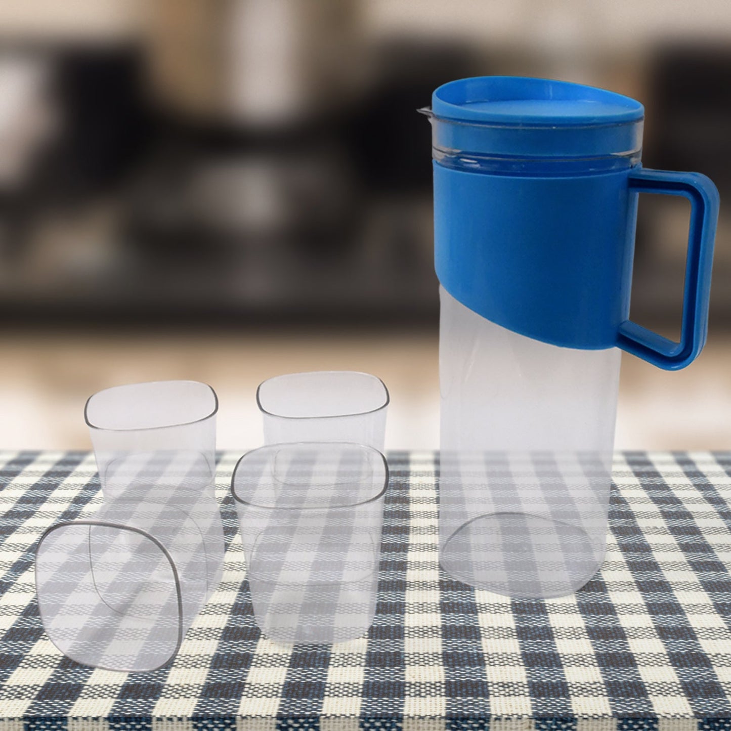 Transparent Premium Jug with Elegant Handle & 4 Plastic Glasses (2000 ML Approx)
