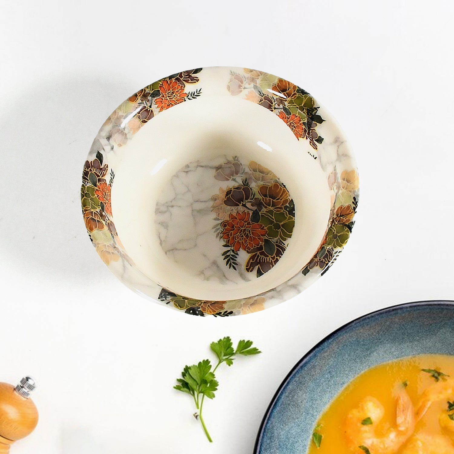 Dream High Quality plastic Dinning Dinner set with Unique Flower Design Printed, 6 pc Plates, 6 pc Bowls and 6 pc Serving Spoon, Lightweight Round Plates and Bowls, Microwave, and Dishwasher Safe (18 Pcs set) Your Brand