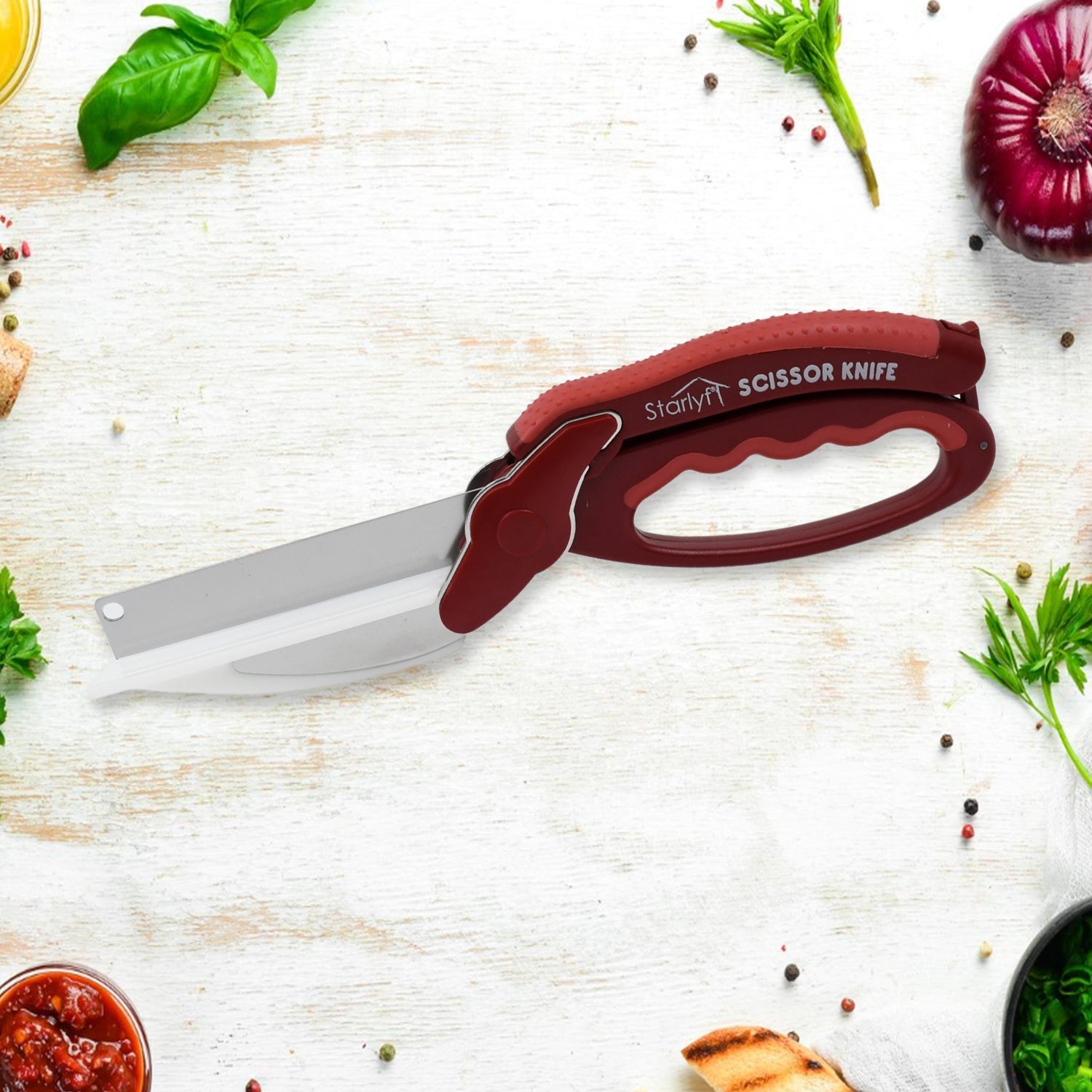 2 in 1 Kitchen Knife Scissor with Spring Locking Hinge and Chopping Board (1 Pc / With Card Packing) Your Brand