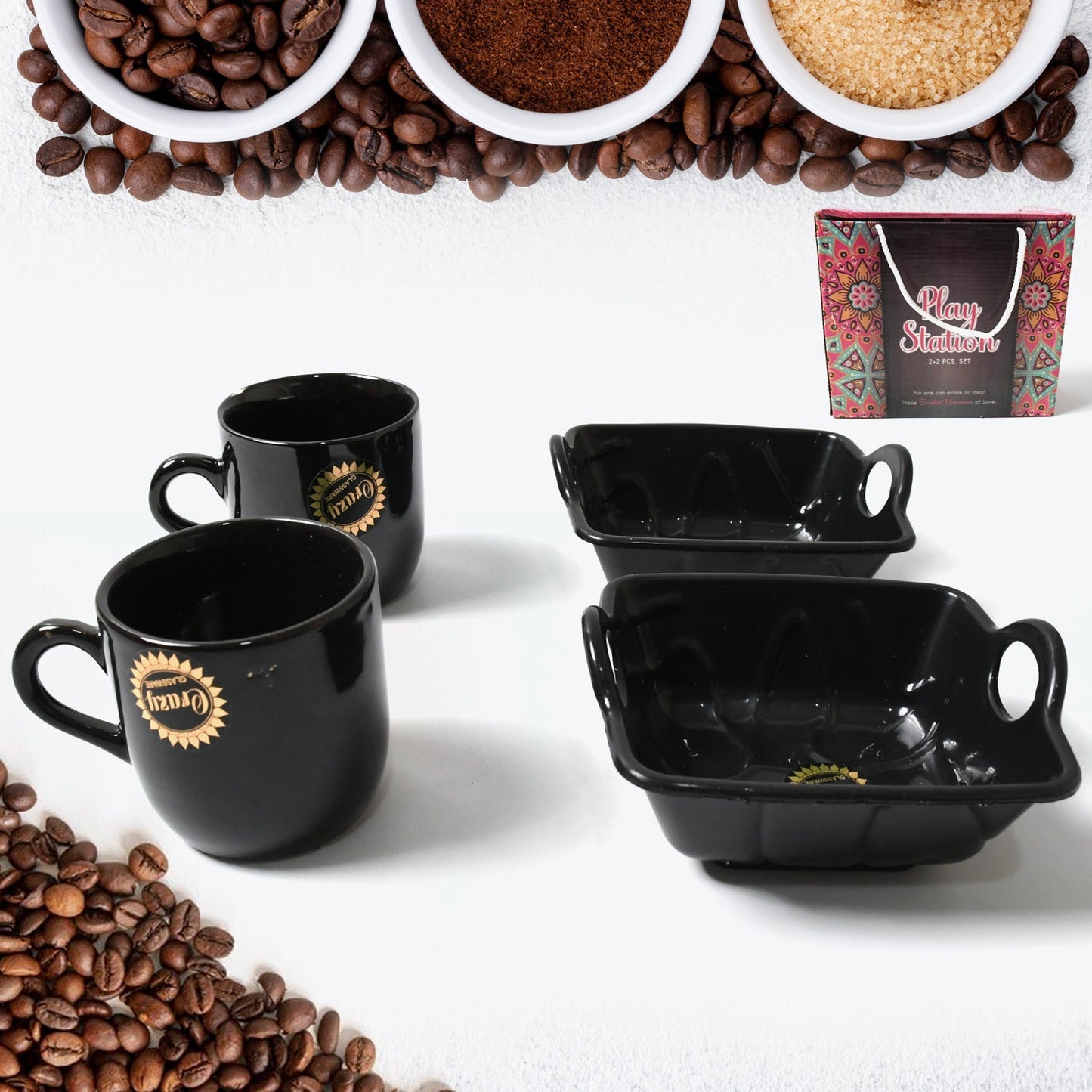 Play Station Ceramic Tea / cups / Mug Set With Handle Serving Bowl Milk Cup, Coffee Cup, Tea Cup, Breakfast Cup, Drinking Mug or Outdoor for Household, Gift for Birthday, Wedding Party (4 Pcs set) Your Brand