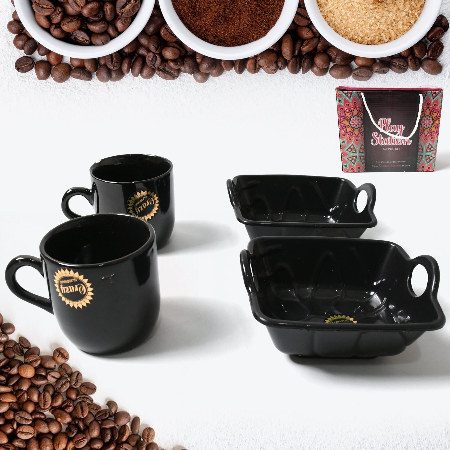Play Station Ceramic Tea / cups / Mug Set With Handle Serving Bowl Milk Cup, Coffee Cup, Tea Cup, Breakfast Cup, Drinking Mug or Outdoor for Household, Gift for Birthday, Wedding Party (4 Pcs set) Your Brand