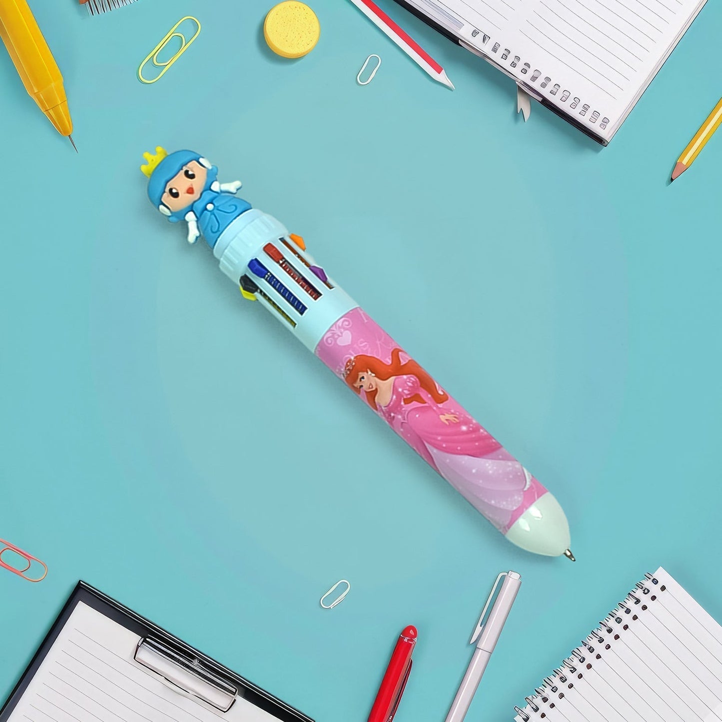 Kids 10-in-1 Color Pens Ballpoint Pen Set for Kids Cartoon Head Writing Pen for School Office Stationary Kit, Teddy Bear (1 Pc) Your Brand