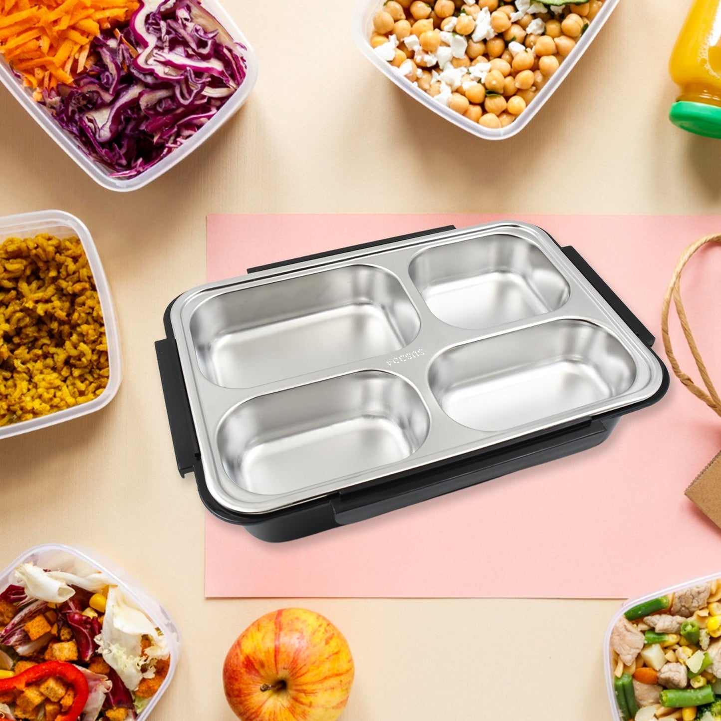 4 Compartment Insulated Lunch Box Stainless Steel |Tiffin Box for Boys, Girls, School & Office Men for Microwave & Dishwasher & Freezer Safe Adult Children Food Container (1 Pc) Your Brand