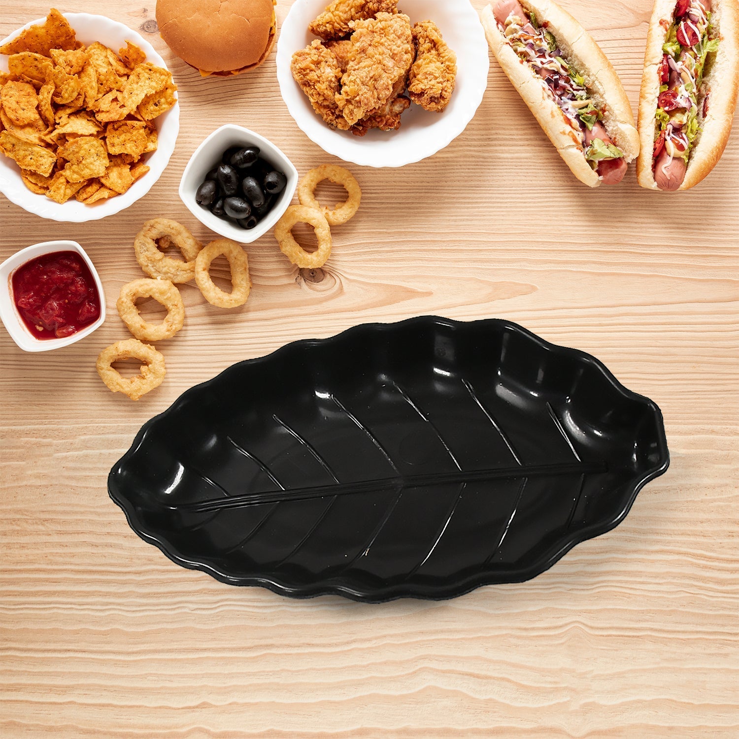 Invitation Round Ceramic Snacks Bowl With Plastic Leaf shape Serving platter Portable, Lightweight Breakfast, Serving Bowl | Ideal for Rice, Pasta, Desserts Home & Kitchen Serving Bowl & platter (8 Pcs set) Your Brand