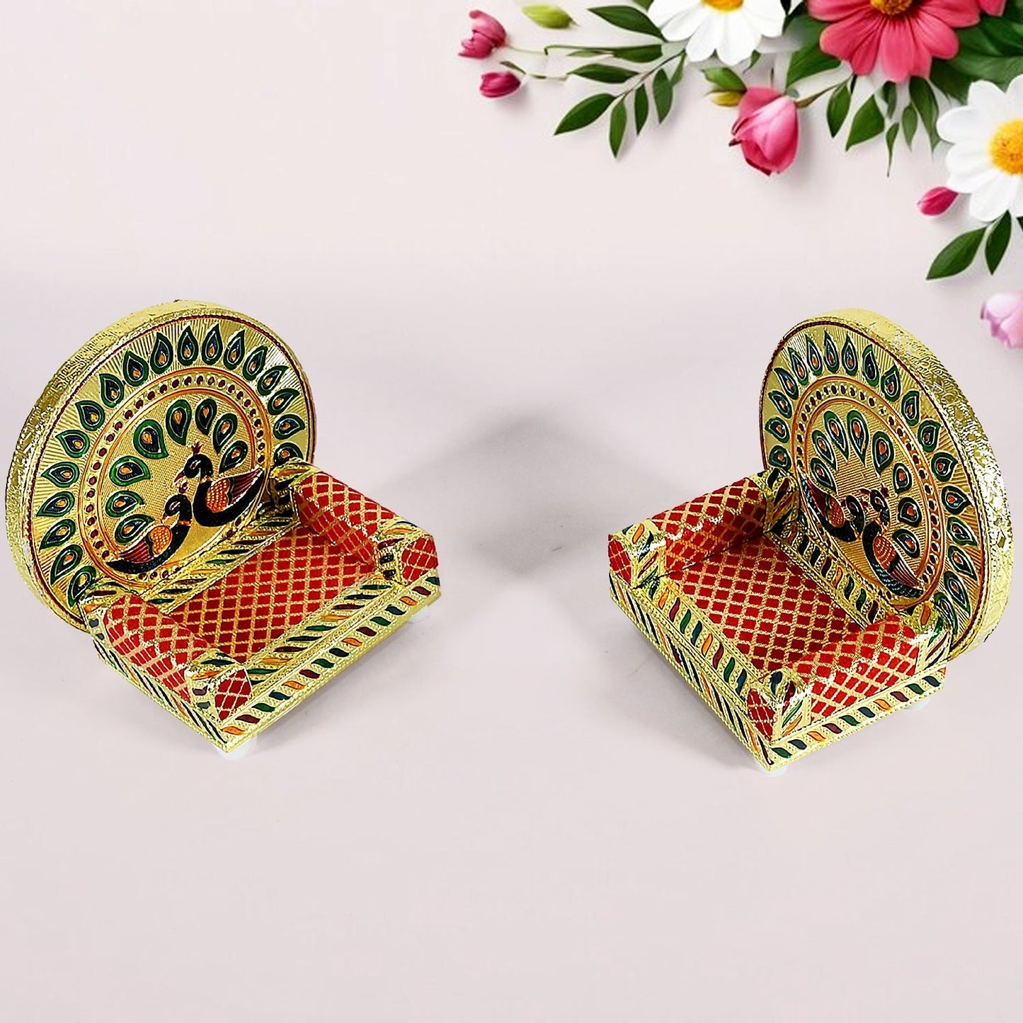 Meenakari Work Laddu Gopal Singhasan for Pooja Mandir Wooden Krishna Ladoo Bal Gopal Sofa Asan, Home Decorative Premium Look Decorative Singhasan Suitable For Home, Office, Restaurant (2 Pc Set) Your Brand