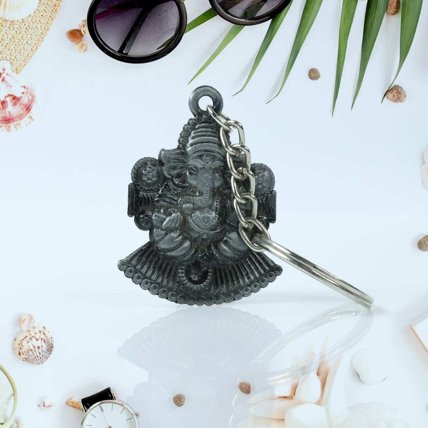 Lord Ganesha Sitting Design Silver Keychain (1 Pc)