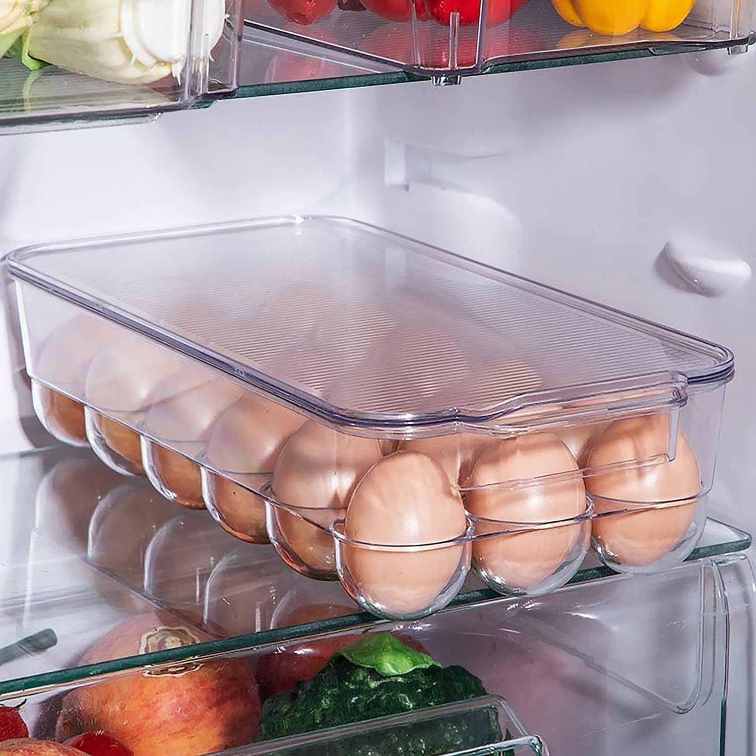 Plastic 18 Cavity Egg Storage Box Or Egg Trays For Refrigerator With Lid & Handles High Quality, Rectangular Egg Tray Box For 18 Egg (1 Pc) Your Brand