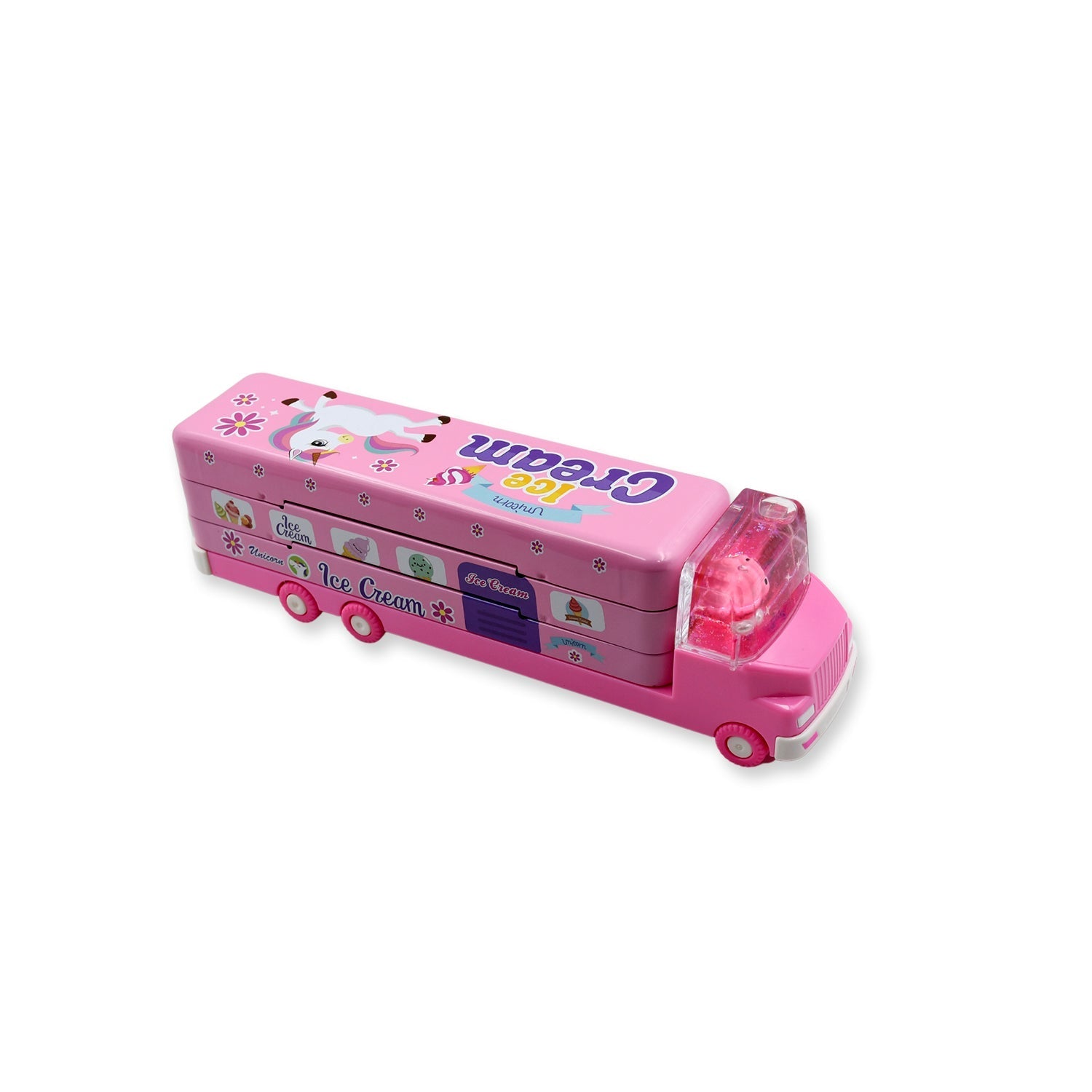 Double Decker Magic Truck Compass Multi Level Metal Truck Compass Pencil Case with Movable Wheels & Sharpener (Mix Design) Your Brand