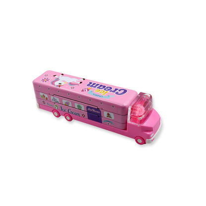 Double Decker Magic Truck Compass Multi Level Metal Truck Compass Pencil Case with Movable Wheels & Sharpener (Mix Design) Your Brand