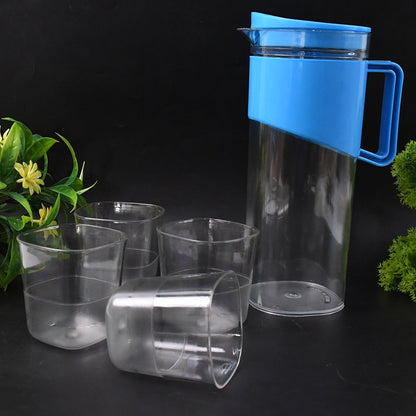 Transparent Premium Jug with Elegant Handle & 4 Plastic Glasses (2000 ML Approx)