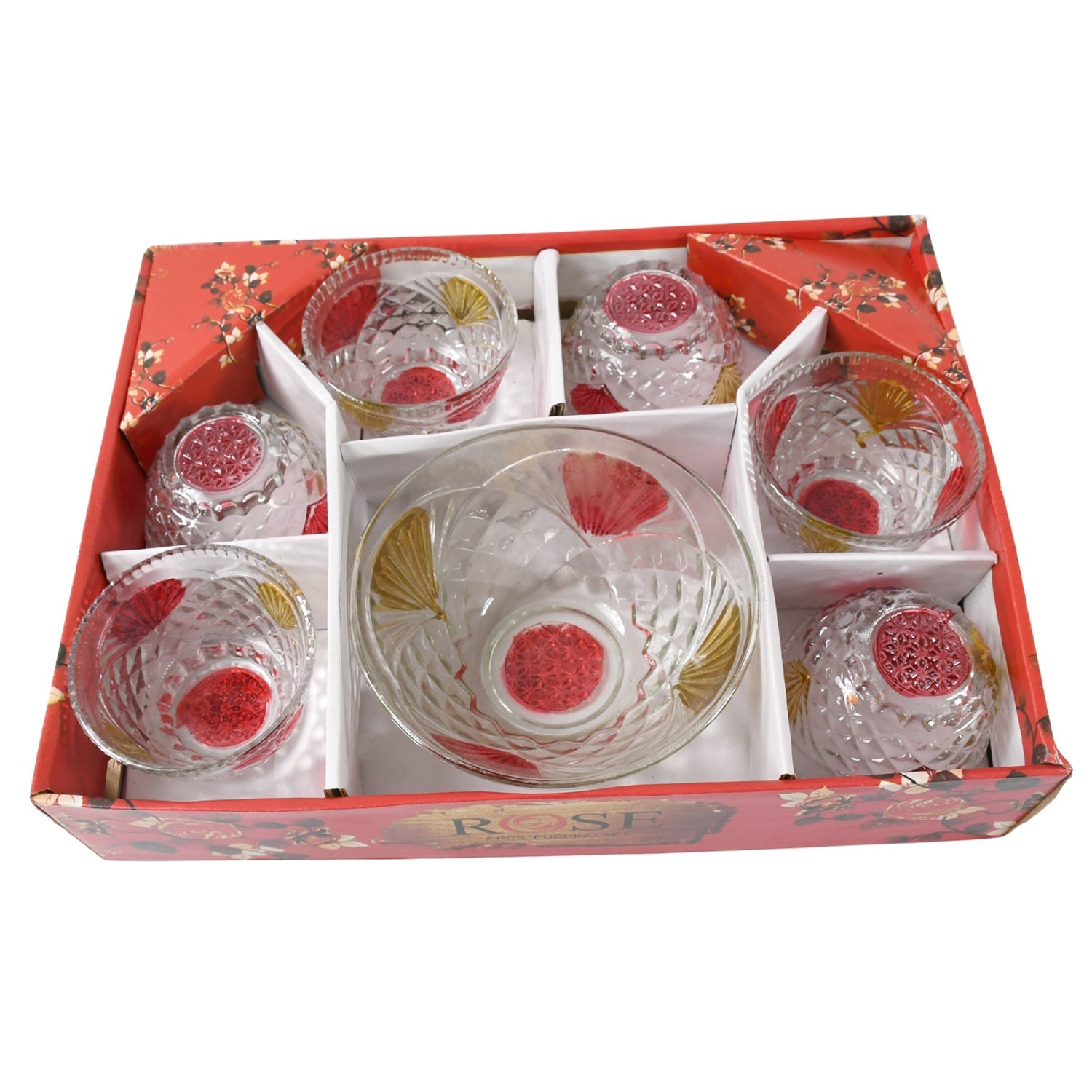 Rose glass Multipurpose Pudding / Dessert / Ice Cream Bowl Set for Home use, Home & Kitchen Serving Bowl for Sundae, Sweets, Snacks, Fruit, Pudding, Nuts or Dip, Serving Bowls 6 Medium & 1 Big Bowl (Set of 7 pc) Your Brand