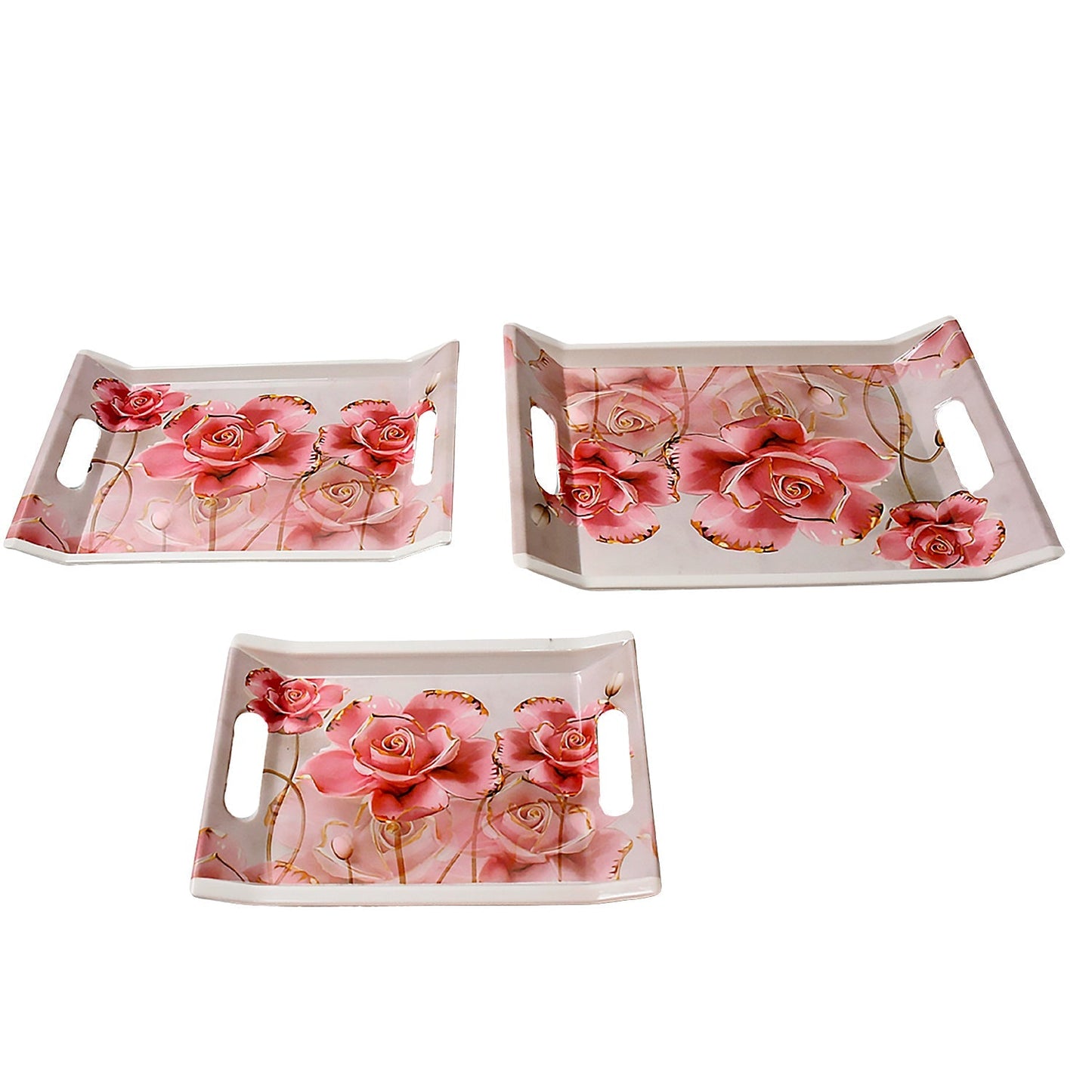 Plastic Rectangular Shape Flower Printed Design Serving Tray 3 pcs Home and Kitchen Use (3 pcs set) Your Brand