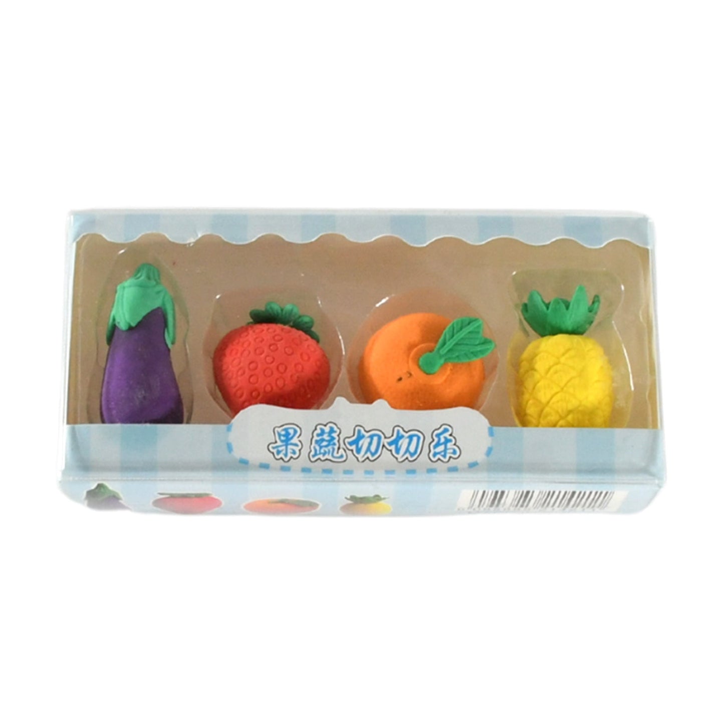 Mini Cute Veg & Fruit Erasers – 3D Colorful Eraser Set for Kids (4 Pc)
