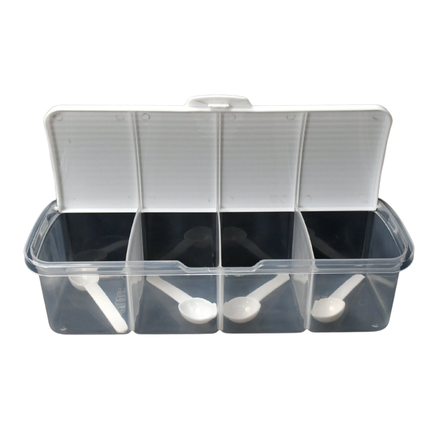 Kitchen Multipurpose Air-tight 4 Sections Storage Containers / Masala Box Pickle (Achar) Jar with 4 spoon for each section (1 Pc / Mix Color) Your Brand