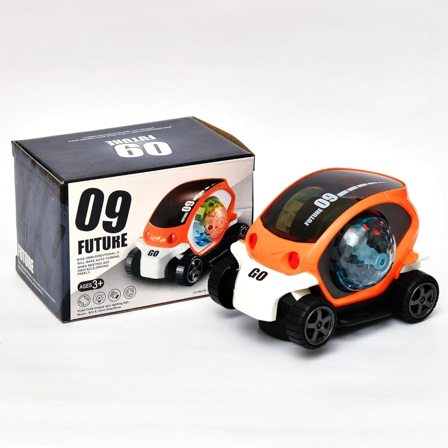 Plastic 360 Degree Rotating Stunt Car Toy for Kids - Bump and Go Action with 4D Lights and Music, Plastic Mini Car with Disco Ball (1 Pc / Battery Not Included) Your Brand