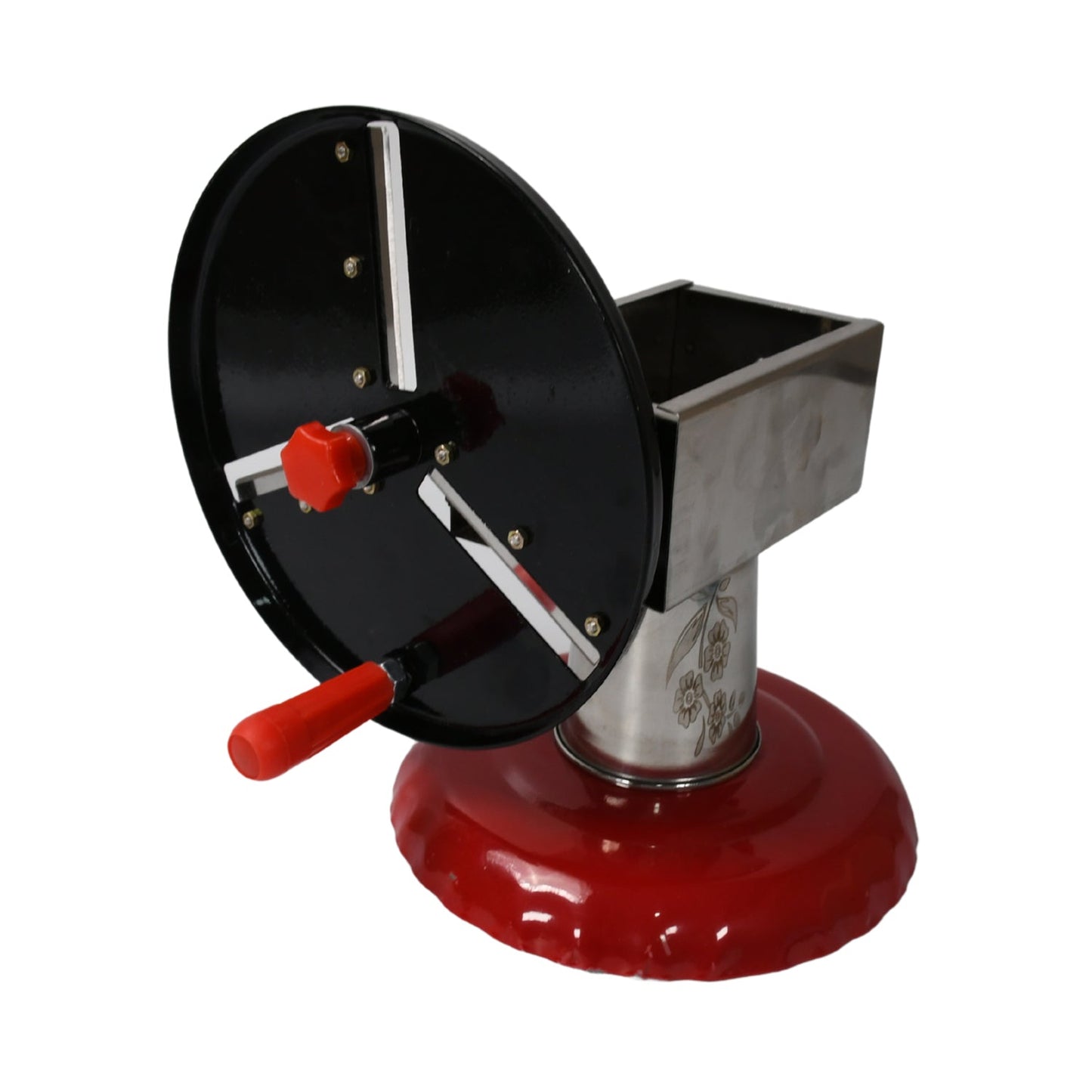 Stainless Steel Chips Maker and Vegetable Slicer for Kitchen Potato Slicer Graters and Chippers. Chips Maker is Suitable for Vegetable Cuttings. Chips Maker Consist Hard Coated Iron Wheel and Stand. Your Brand
