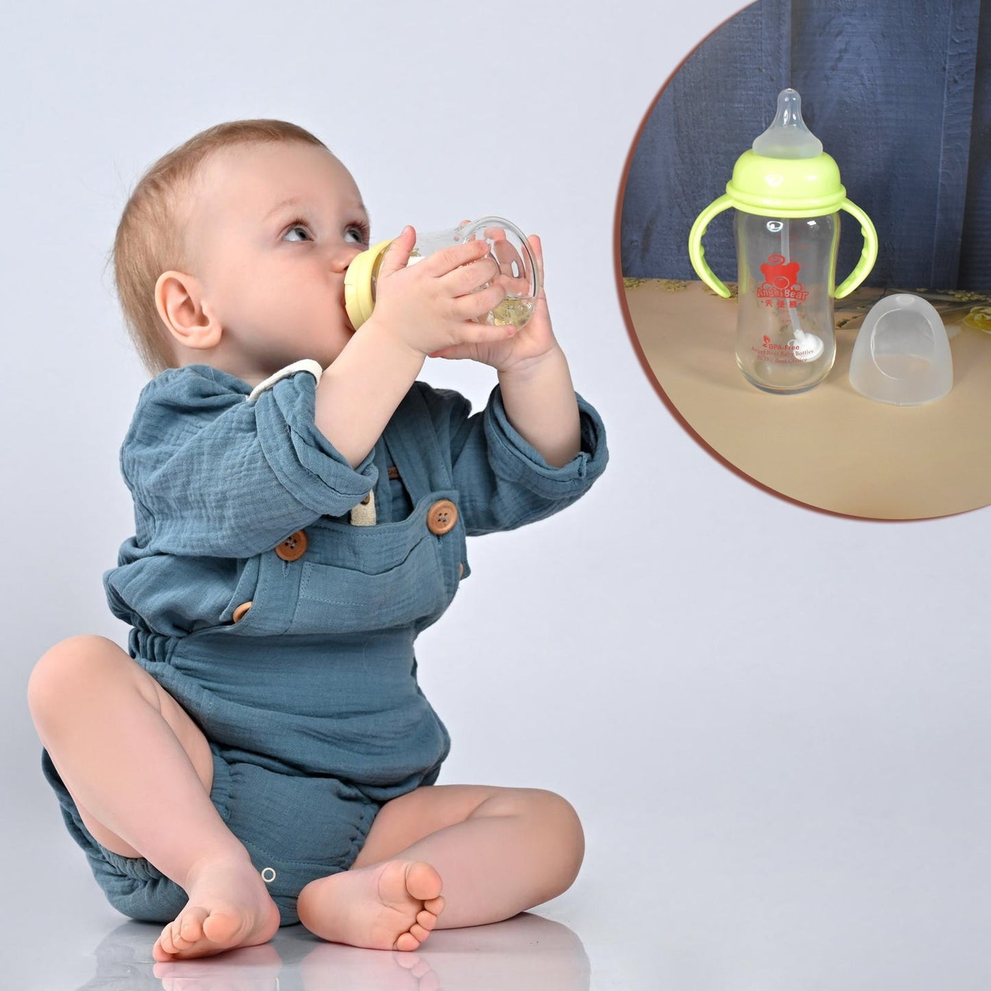 Glass Baby Feeding Bottle with Handles & Straw (240 ML / 1 Pc) Your Brand