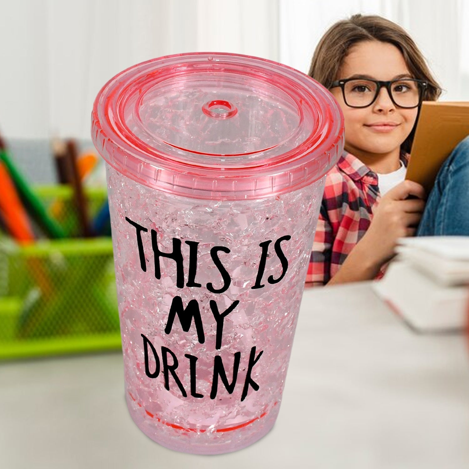 Plastic Creative Cold Drink Cup, Reusable Tea Coffee Tumbler with Lid and Straw, Double Wall Plastic Drinking Sport Bottle, Travel Tumbler Your Brand