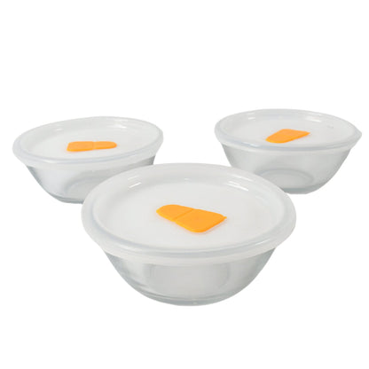 Bista Glass Serving & Mixing Bowls with Plastic Lid | Oven & Microwave Safe & Dishwasher Safe | Scratch Resistant | Transparent | For Household Gift For Birthday (3 Pcs set / 250 ML Approx) Your Brand