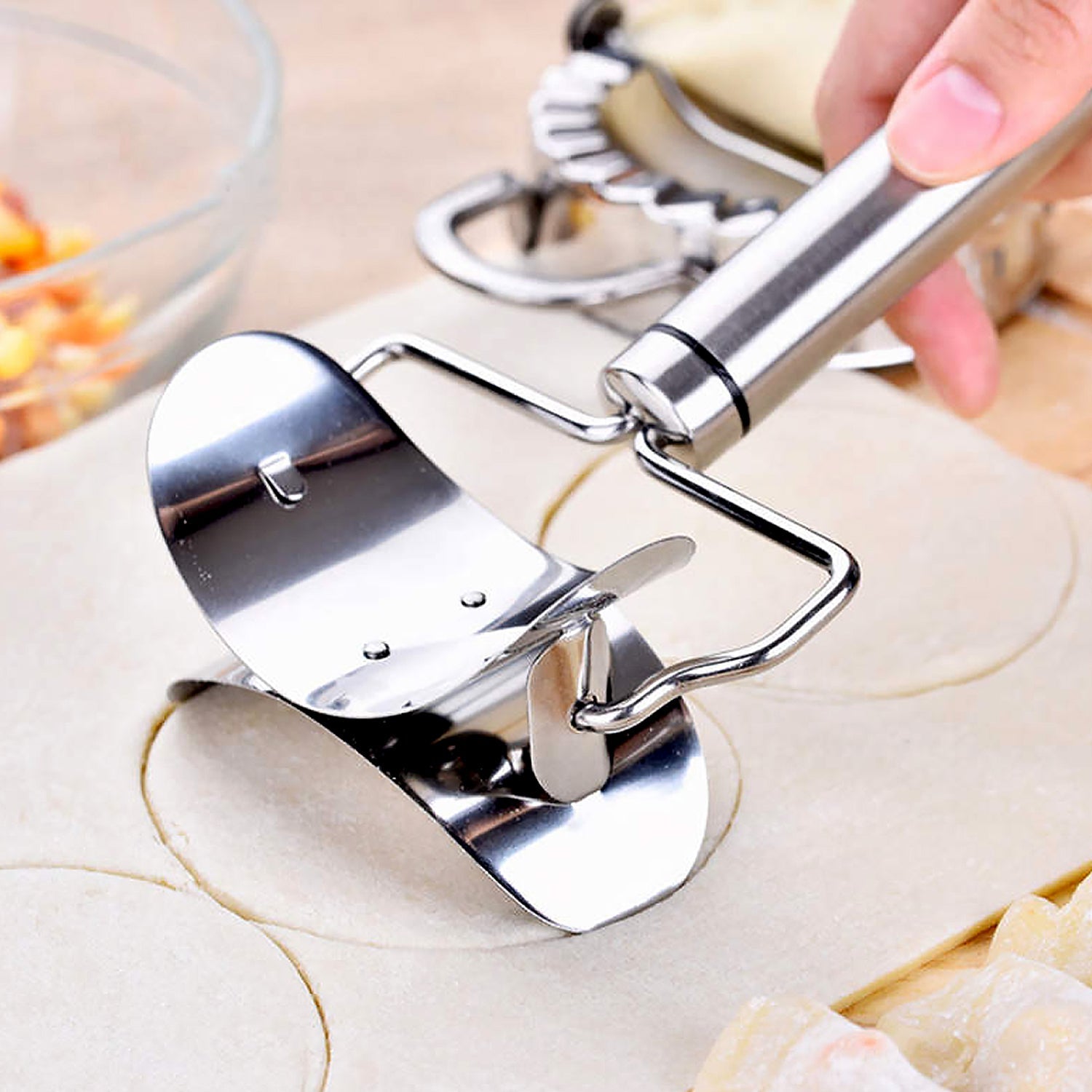 Multifunctional Easy and Fast Stainless Steel Puri cutter roller Machine with Handle for Home Baking Tools for Women, Dough Circle Roller Cutter for Kitchen (1 pc) Your Brand