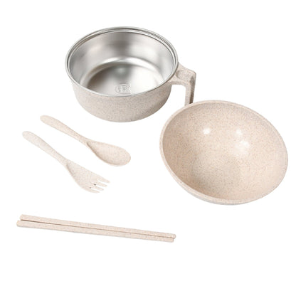Rice Bowl Noodle 1 Bowl with 1 Lid and Handle Wheat Straw Noodle Bowls with Wheat Straw 1 Fork, 2 Chopsticks, 1 Spoon for Soup Salad Snack Set (6 Pcs Set) Your Brand
