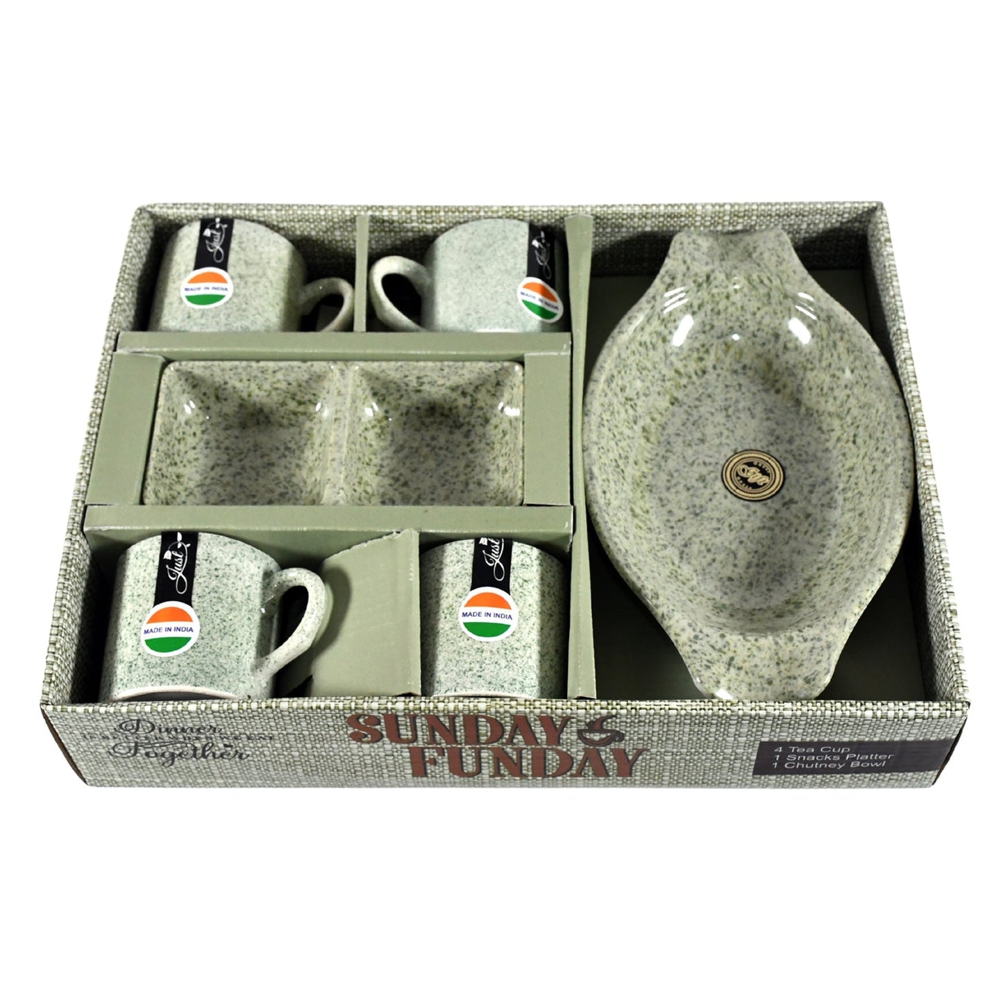 Sunday Funday Ceramic Tea / cups / Mug With Plastic Snacks Platter and 2 compartment Chutney Bowl Milk Cup, Coffee Cup, Breakfast Cup, Drinking Mug or Outdoor for Household, Gift for Birthday, Wedding Party (6 Pcs set) Your Brand
