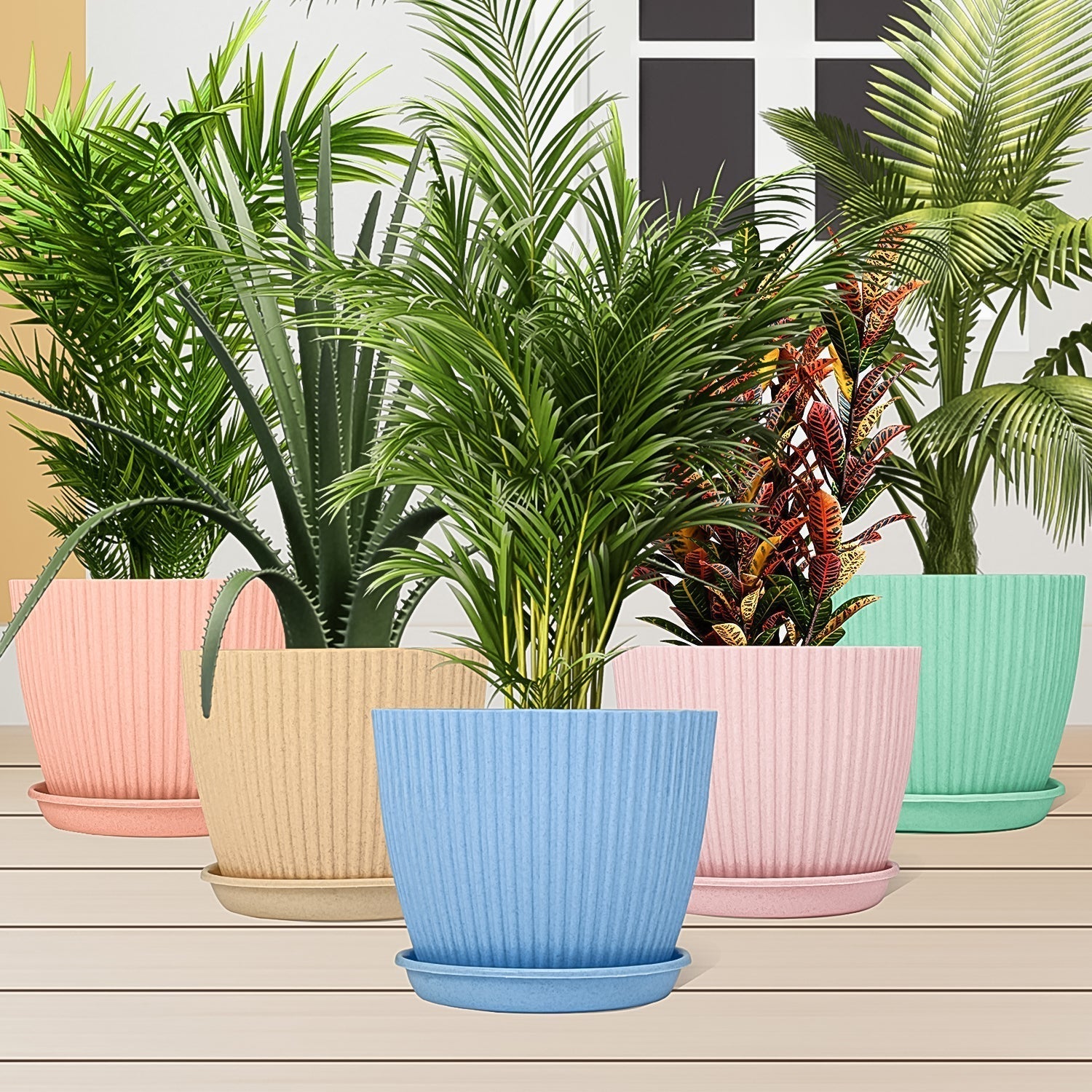 Round Flower Pot with Bottom Tray (5 Pcs Set / Small / 14×16 Cm) Your Brand