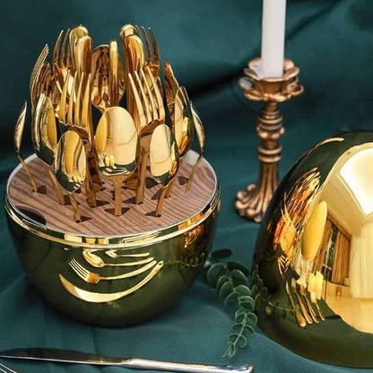 Premium Cutlery Set 24 Pcs with Oval Shaped Stand | Beautiful Stylish Oval Designed Cutlery Sets, Egg-Shaped Luxury Spoon Holder Set  (Golden / 24 pcs set) Your Brand