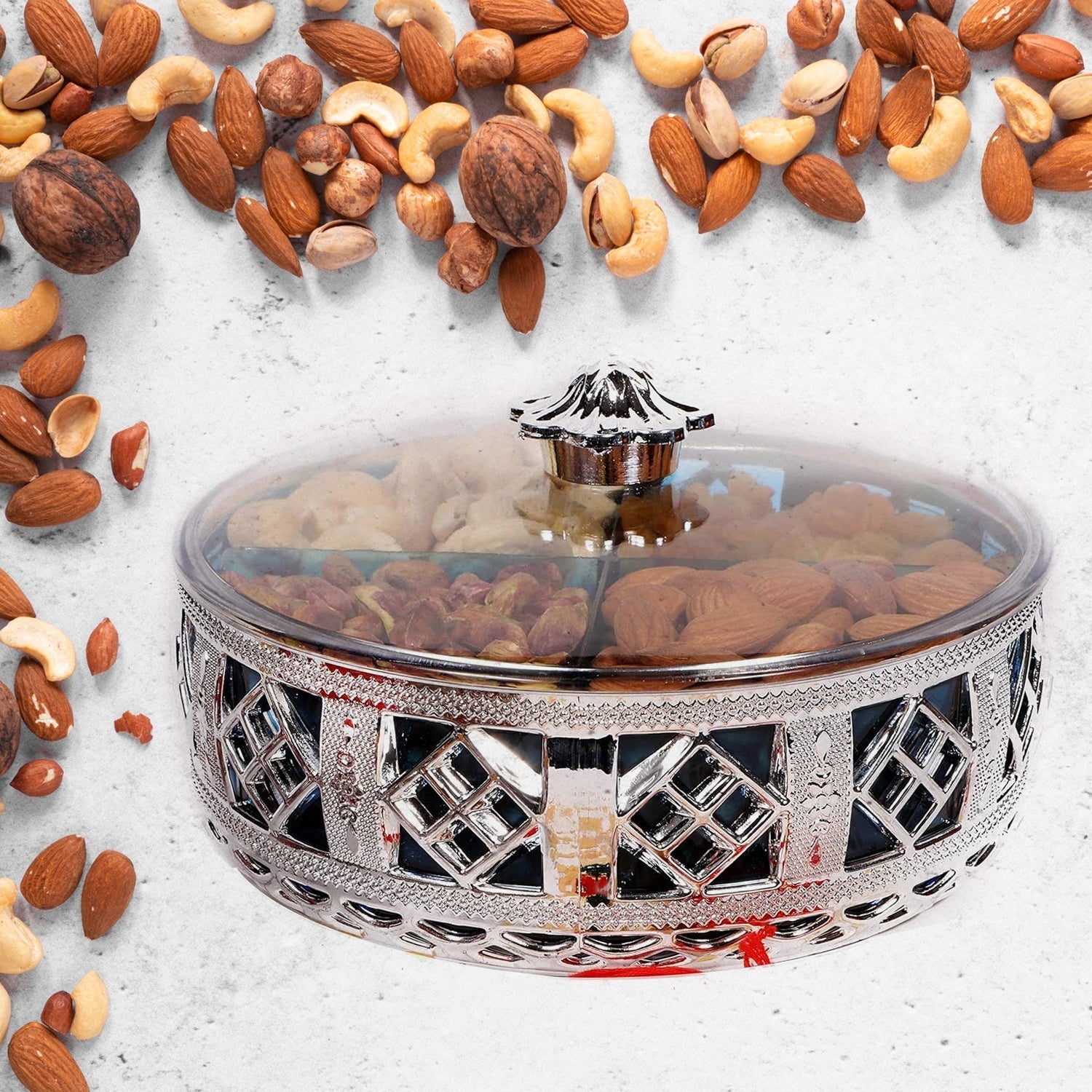 Multipurpose Dry Fruit Box 4 Section Dry Fruit Round Silver Gift Box (1 Pc) Your Brand