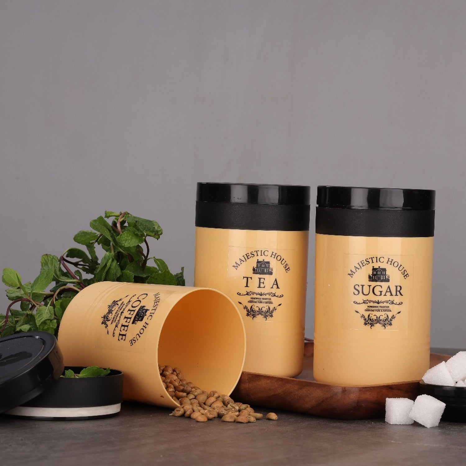 Accurate Seal Tea Sugar Coffee Container - 3 Pcs Plastic Damru Shaped Tea, Coffee, Sugar Canisters Jar, New Airtight Food Seal Containers for Salt, Dry Fruit, Grocery Multicolor (3 Pcs Set) Your Brand