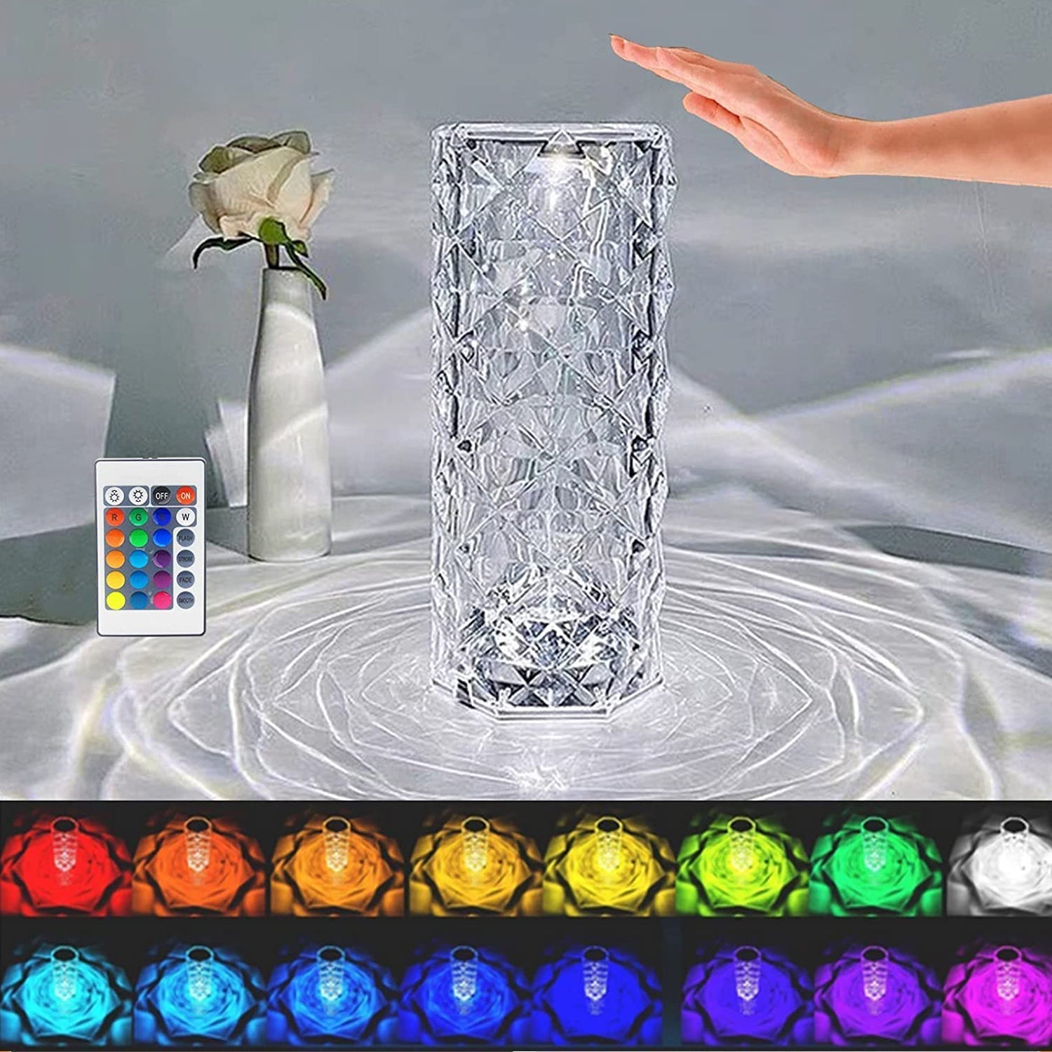Crystal Touch Night Light (16 Colors) - Rose Diamond Table Lamp with Remote Control, USB Table Lamp, Romantic Date Lighting Decor for Festival, Bedroom, Dining Room Your Brand