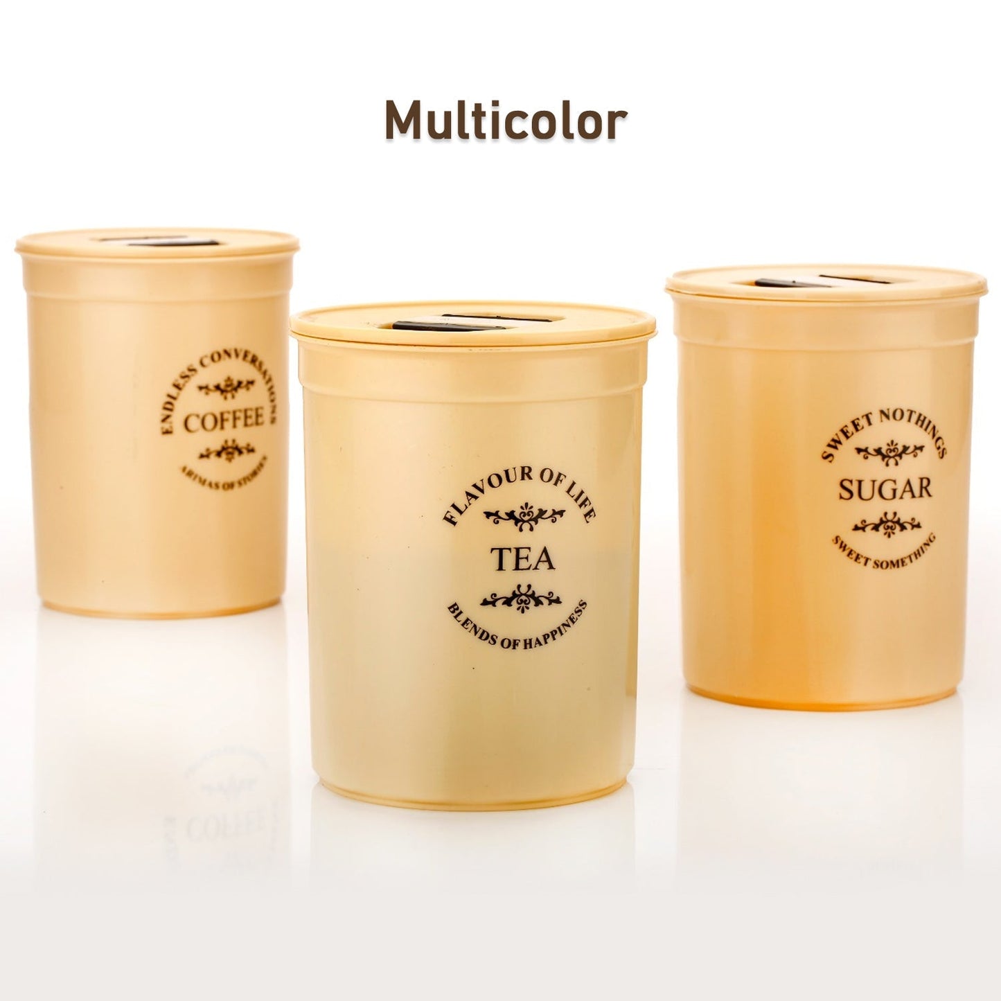 Accurate Seal Tea Sugar Coffee Container - 3 Pcs Plastic Damru Shaped Tea, Coffee, Sugar Canisters Jar, New Airtight Food Seal Containers for Salt, Dry Fruit, Grocery Multicolor (3 Pcs Set) Your Brand