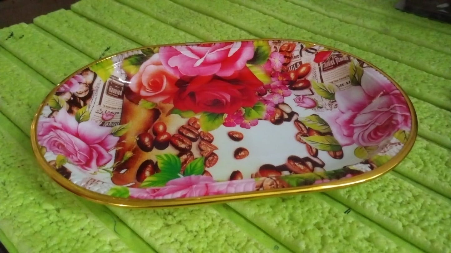 Small Plastic Flower Printed Design Serving Tray (1 Pc / 27 x 18 CM / Mix Color) Your Brand