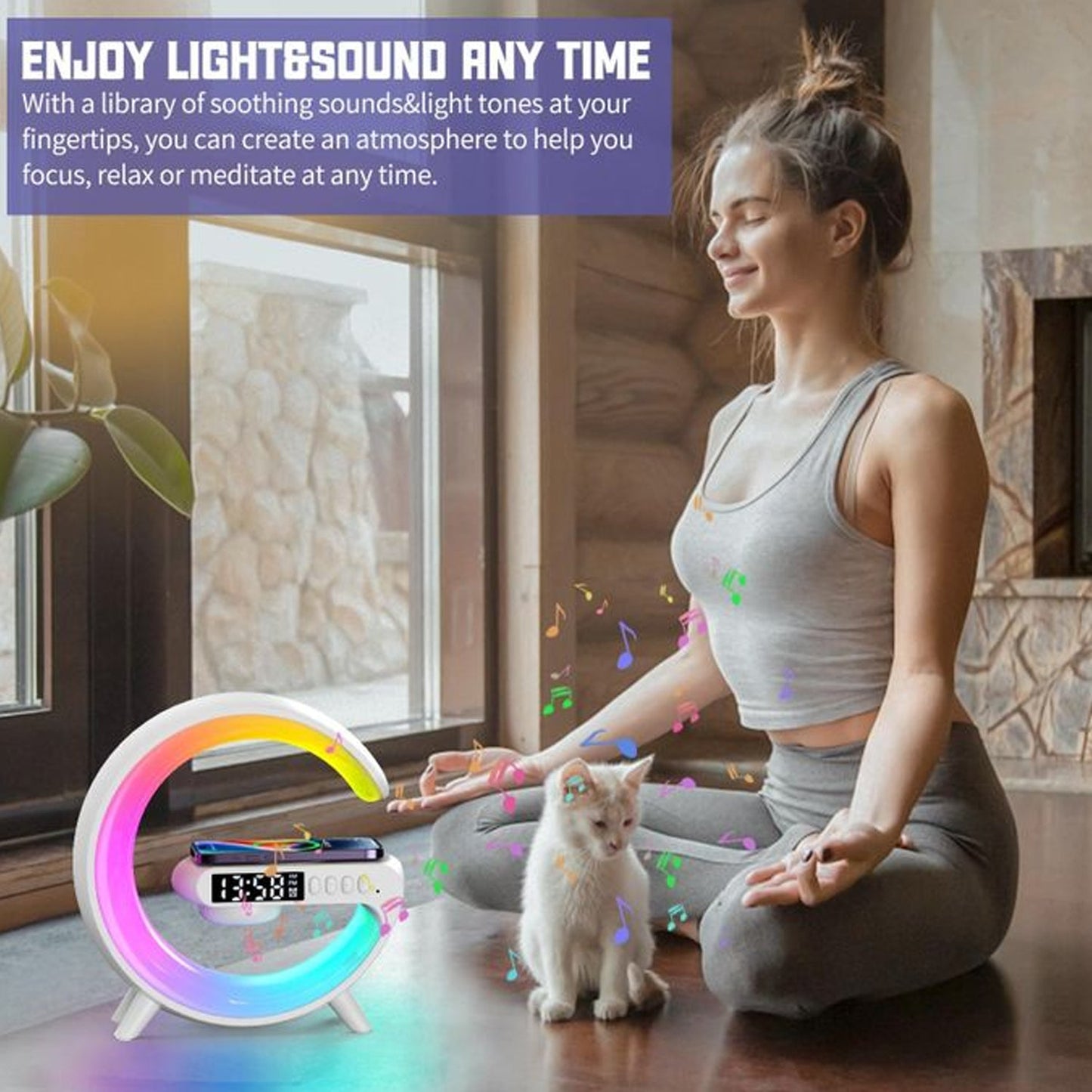 Smart Alarm Clock With G-shape Rgb Light Bluetooth Speaker Wireless Charging (1 Pc) Wukusy