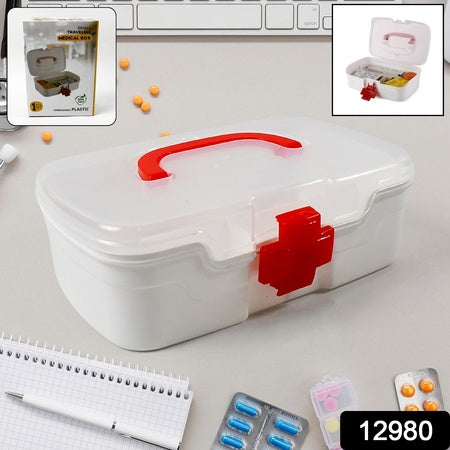 12980 3 Compartment Medical Box 1 Piece Indoor Outdoor Medical Utility Medicine Storage Box Detachable Tray Medical Box Multi Purpose Regular Medicine First Aid Box With Handle Transparent Lid  Color Box Wukusy