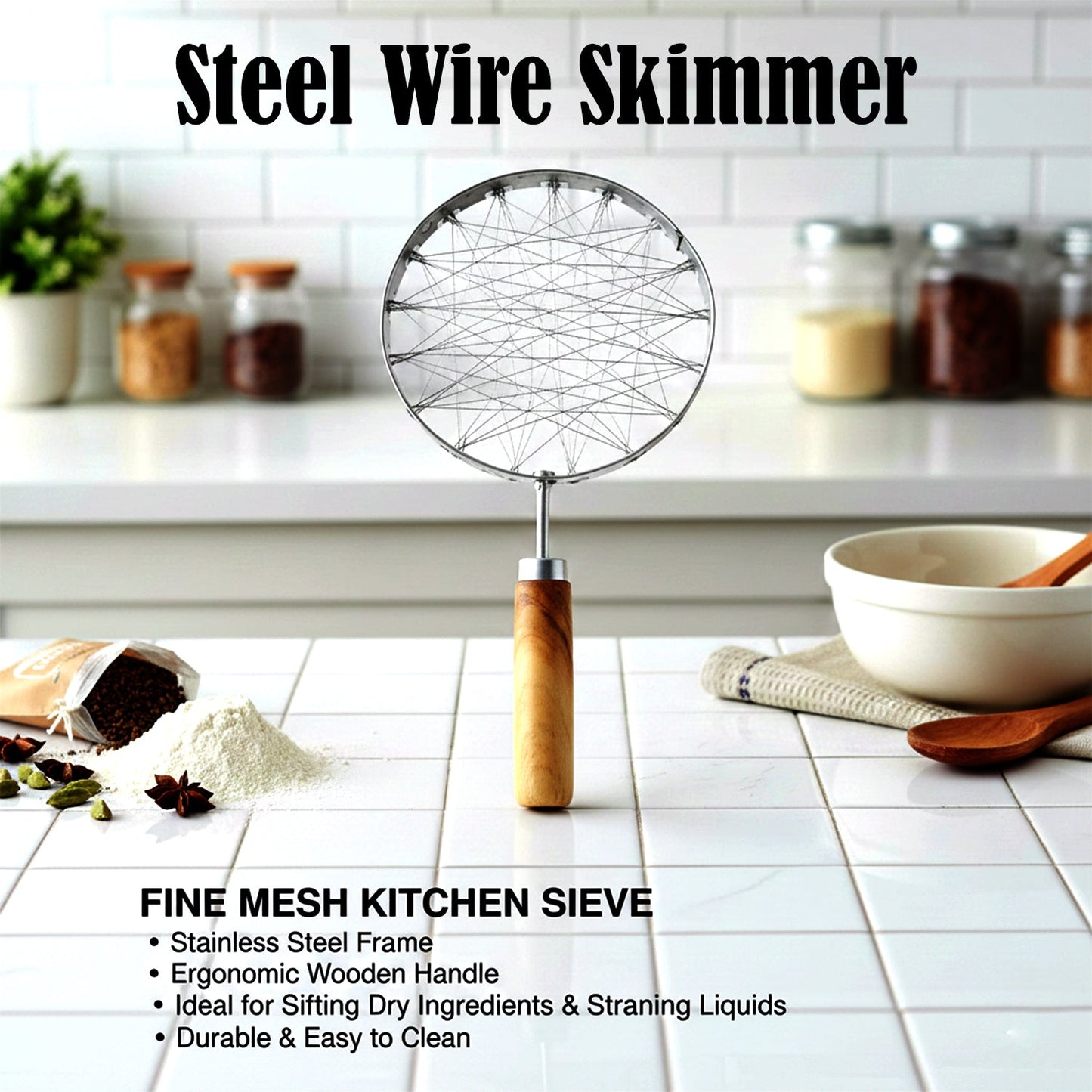 Stainless Steel Wire Skimmer with Wooden Handle (1 Pc)